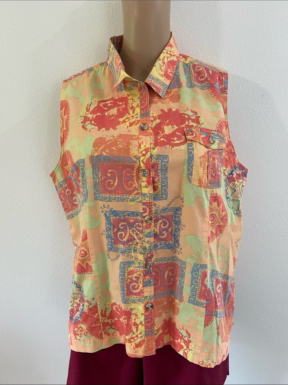 Brisas cotton Colorful Sleeveless Printed Button-Front Top Sz XL